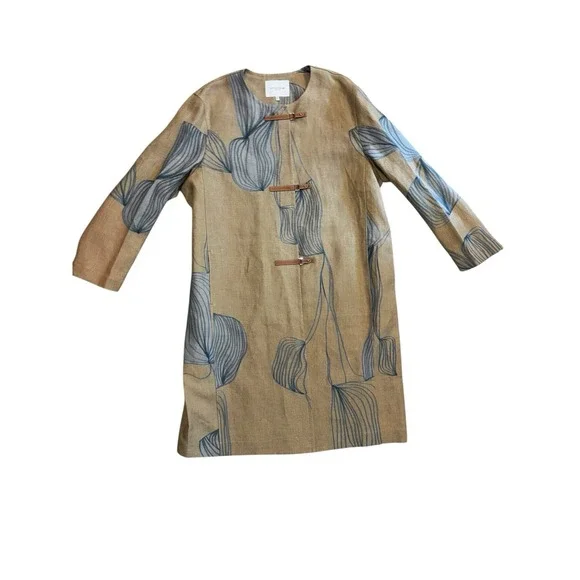 NWOT Lafayette 148 100% Linen Jacket 2XL Blue Khaki Brown $1,498 Leather Straps - Picture 5 of 9